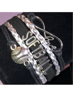 Silver Tone and Black Softball Love Boho Bracelet